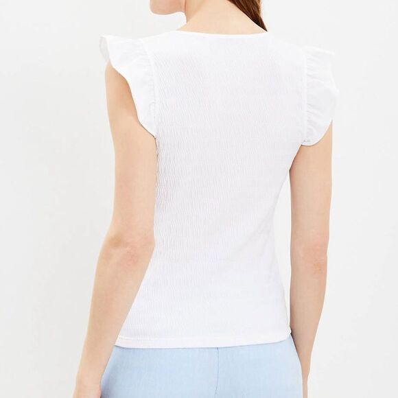 LOFT Short Sleeve Flutter Sleeve White Ruched V-Neck Top. Shirt. Small. NWOT. - Picture 3 of 8